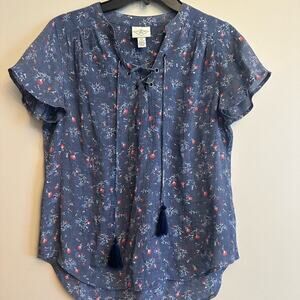 St. John's Bay Navy Floral Lace-Up Blouse